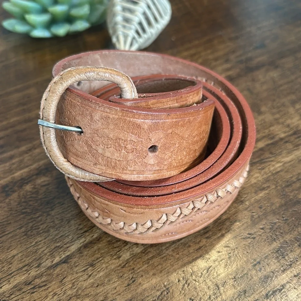 Tooled & Woven Genuine Leather Western Belt, Size 42, Made in Mexico